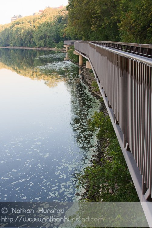 The pedestrian walkway bridge along the Mississippi River.